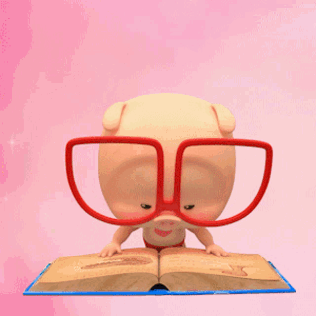 a cartoon pig wearing red glasses is reading a book with the words wow behind him