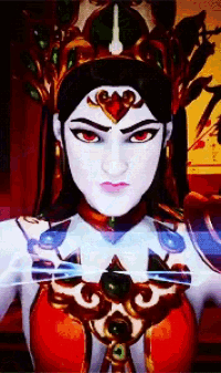 a woman with a crown on her head and red eyes