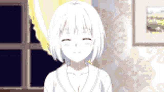a girl with white hair is smiling in a room .