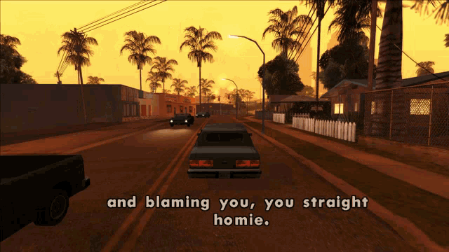 a video game scene with the words and blaming you you straight homie at the bottom