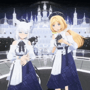 a couple of anime girls standing next to each other in front of a castle