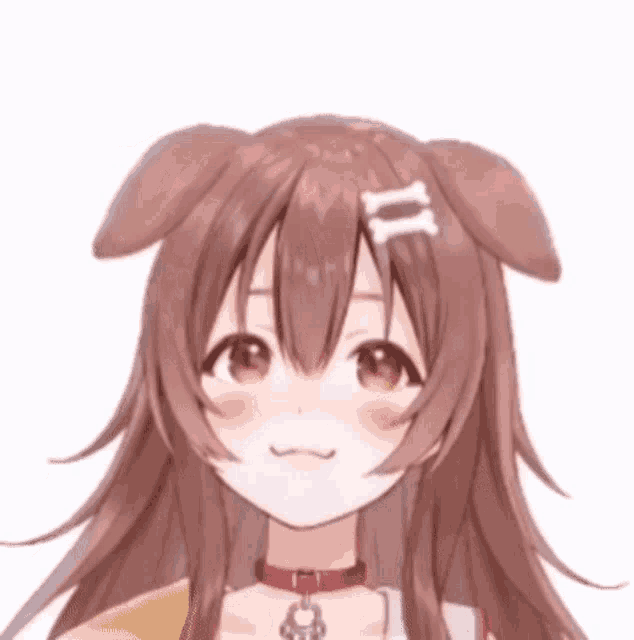 a close up of a anime girl with a dog ear and a bone in her hair .
