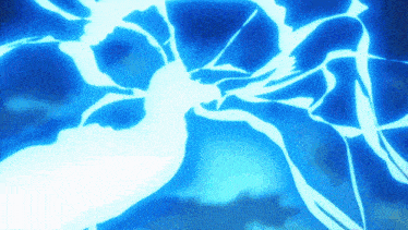 a blue lightning bolt strikes a white object in the air