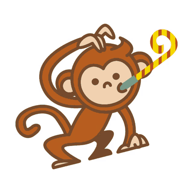 a monkey is blowing a party horn with the number 9 on it