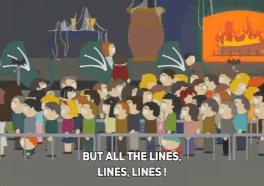 a crowd of people standing in a line with the words but all the lines lines lines written on the bottom