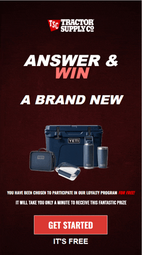 a tractor supply co advertisement asking you to answer and win a brand new yeti