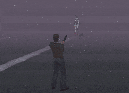a man is holding a gun in front of a woman in a video game