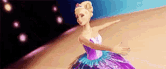 a barbie doll is dancing on a stage in a purple dress .