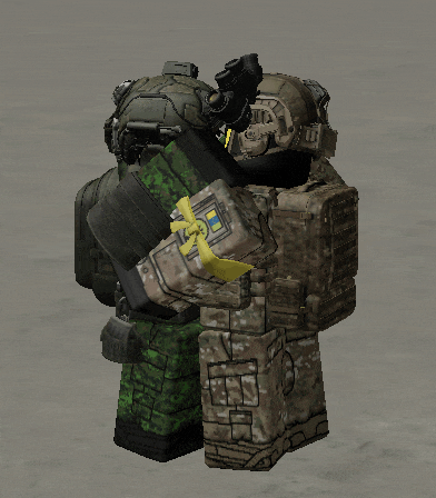 two soldiers are hugging each other with one holding a gift with a yellow ribbon that says ' ukraine ' on it