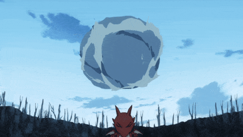 a cartoon drawing of a dragon standing in front of a blue ball
