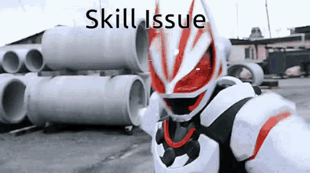 a man in a superhero costume is standing in front of a pile of pipes with the words skill issue written on the bottom