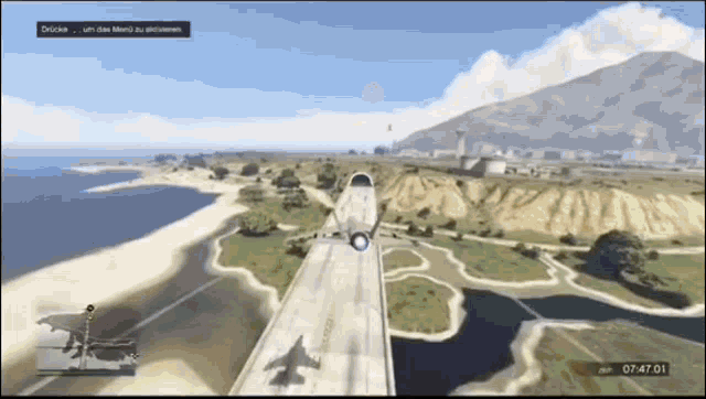 a video game screen shows a plane taking off from an airport