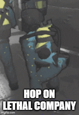 a picture of a person with the words hop on lethal company written on it