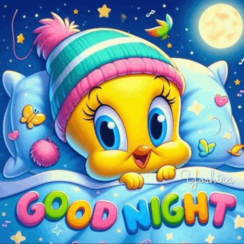 a tweety bird wearing a hat is laying on a pillow with the words good night written below it .