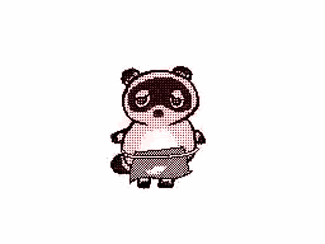 a pixel art drawing of a raccoon sitting on a pot .
