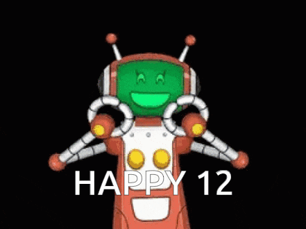 a cartoon robot is holding up its arms in the air .