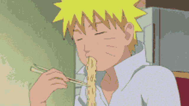 a cartoon character with yellow hair is eating noodles with chopsticks