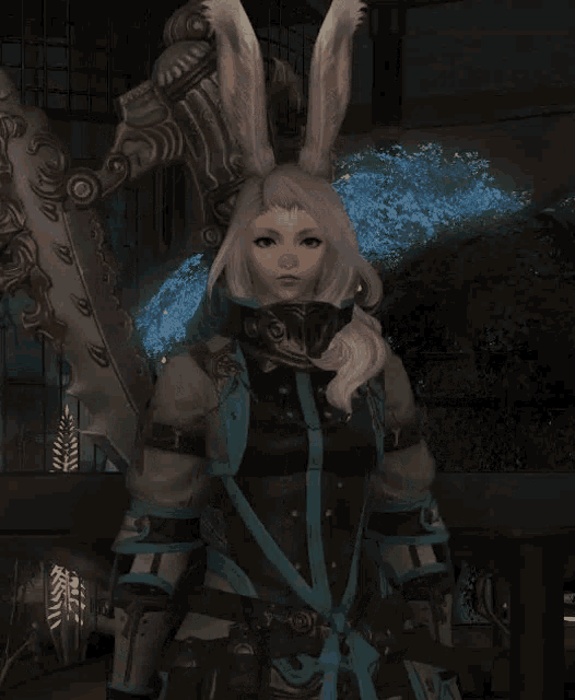 a woman with bunny ears holds a sword in her hand