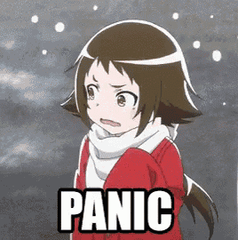 a girl with a scarf around her neck and the word panic on her face