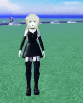 a girl in a black dress and black boots is standing on a green field