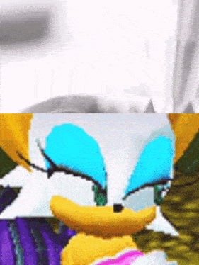 a close up of a cartoon character 's face with blue eyes
