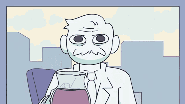 a cartoon shows a man holding a cup of coffee