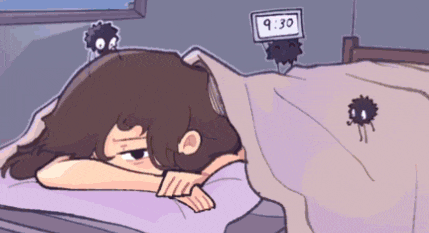 a cartoon drawing of a person laying in bed with a sign that says 9:30