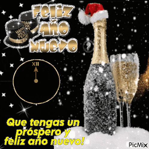 a new year 's greeting card with a bottle of champagne glasses and a santa hat