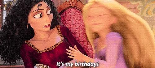 a cartoon character is hugging another cartoon character and saying `` it 's my birthday '' .