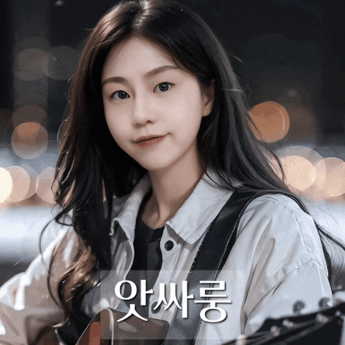 a woman holding a guitar in front of a sign that says ' asian ' on it