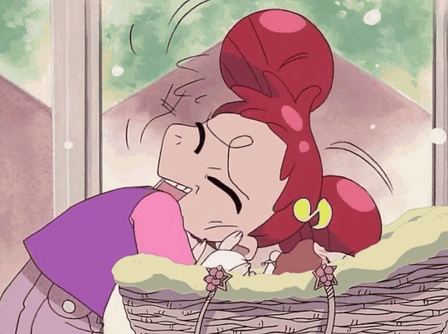a cartoon of a woman holding a baby in a wicker basket