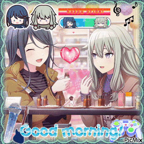 two anime girls are sitting at a table and the words good morning are on the bottom