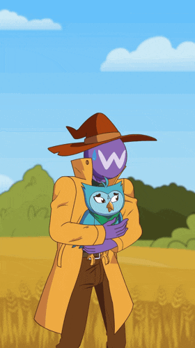 a cartoon of a man holding a blue bird with the letter w on his head
