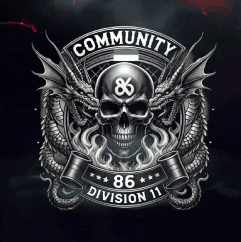 a skull with the number 86 on it is surrounded by two dragons