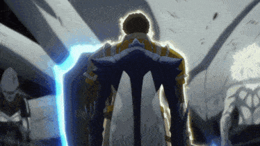 a man with a blue shield on his back