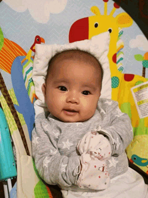 a baby in a bouncer with a giraffe on the back
