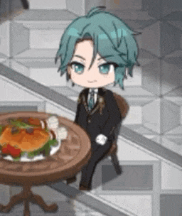 a chibi character is sitting at a table with a hamburger on it .