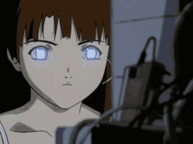 a girl with blue eyes looks at something