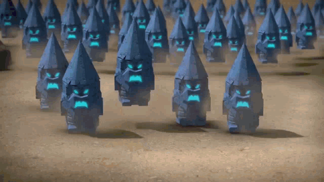 a bunch of cartoon characters with blue faces are walking in a line