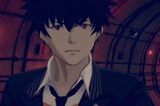 a black haired anime character with red eyes is wearing a suit and tie