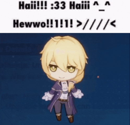 a cartoon character with blonde hair is standing in front of a blue background and says haii