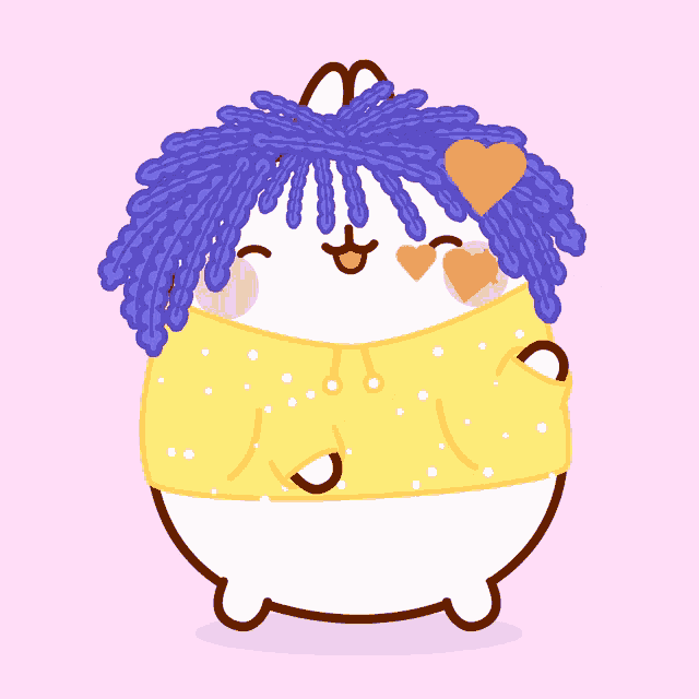 a cartoon character with purple hair and a yellow jacket