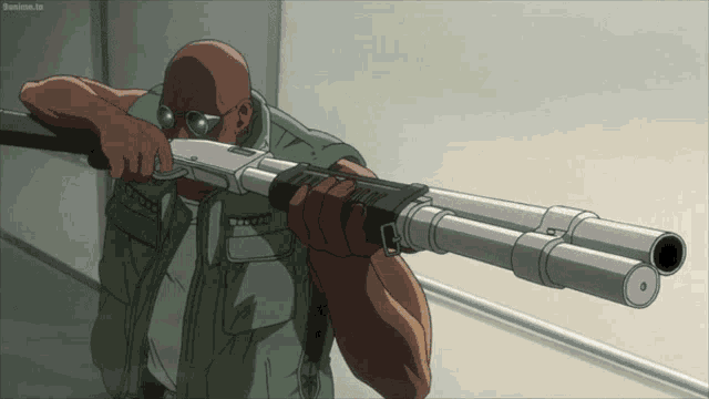 a man in a green jacket is holding a shotgun in front of a screen that says sanime.tv