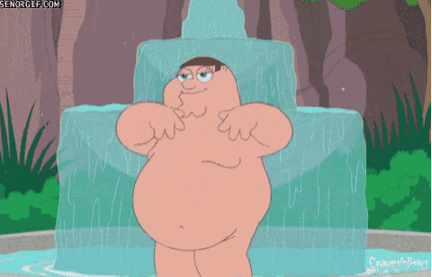 a naked peter griffin standing in front of a waterfall