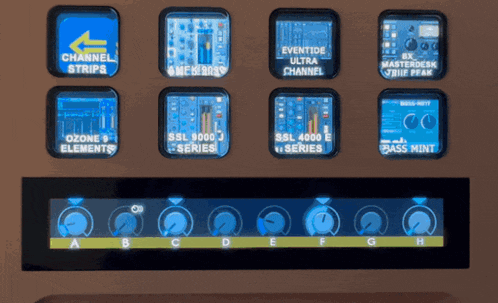 a display of various buttons including channel strips