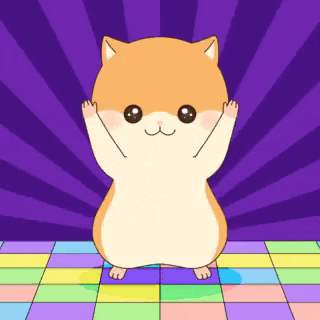 a hamster is standing on a colorful tiled floor with its arms in the air .