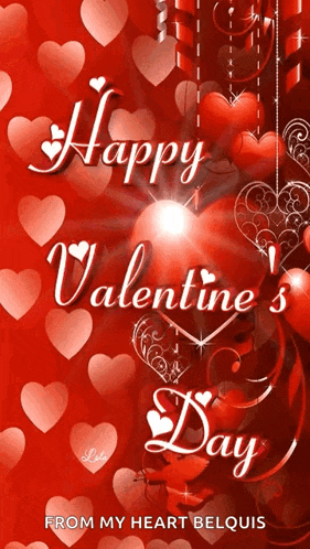 a happy valentine 's day greeting card with red hearts
