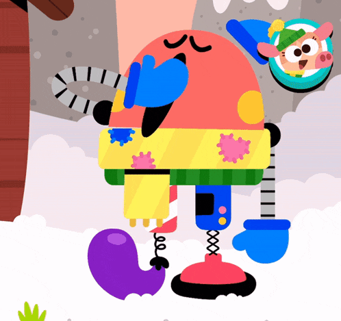 a cartoon drawing of a colorful robot with a candy cane in his mouth