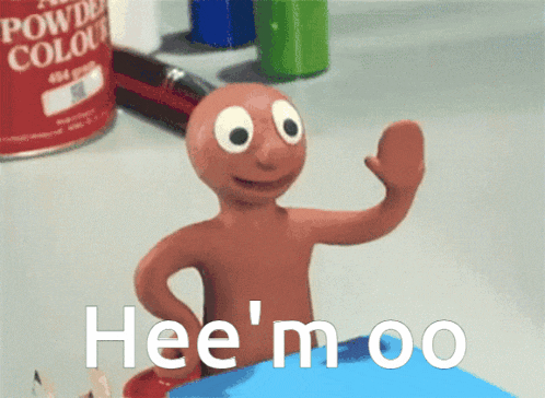a cartoon character says hee 'm oo in front of a powder colour can