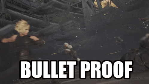 a bullet proof sign with a person holding a sword in the background